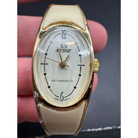 Vintage Nelsonic Watch Women Gold Tone White Enamel Hinged Cuff Manual Wind - Picture 1 of 11